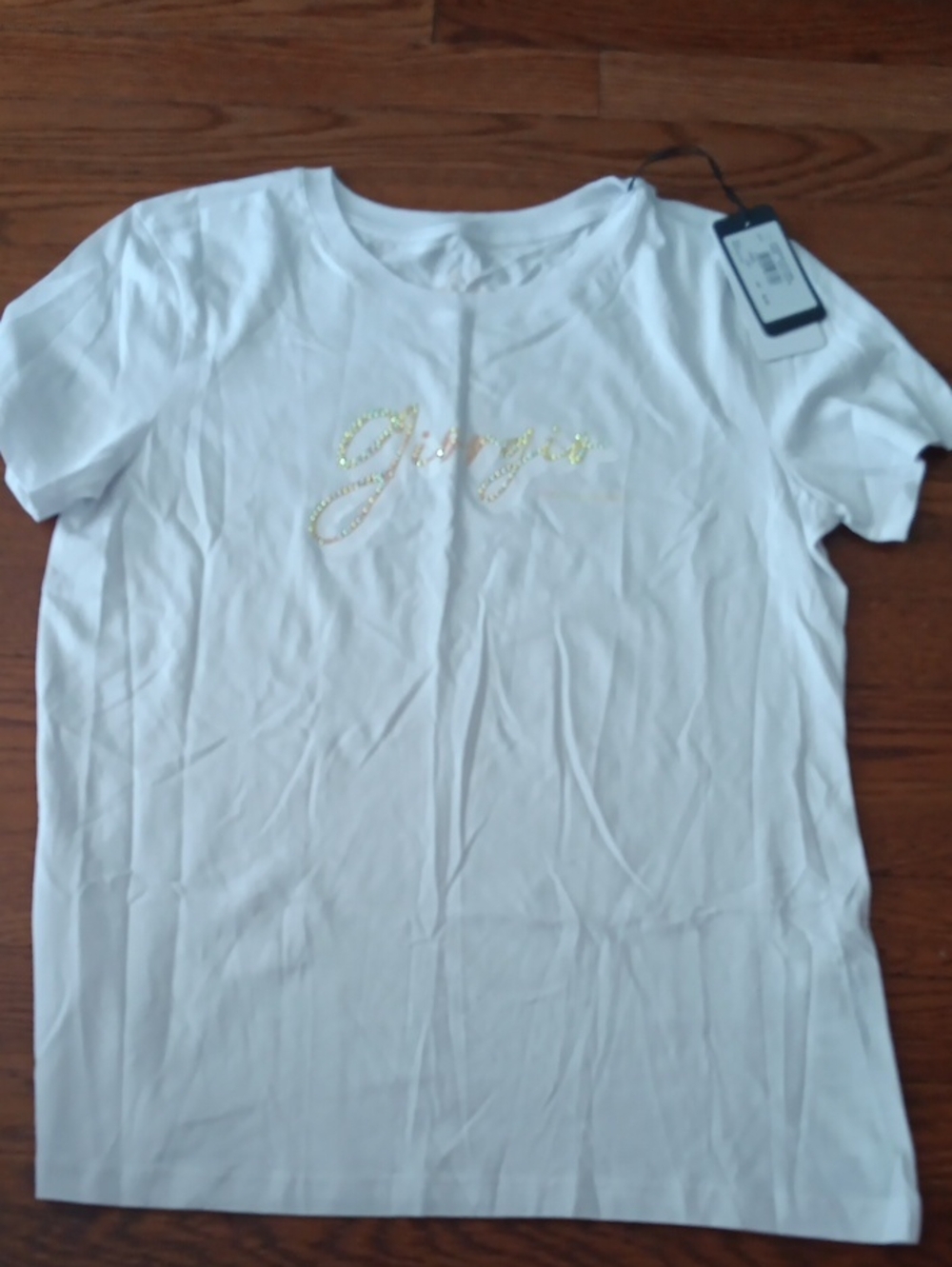 Armani Exchange White Short Sleeve Tee with Gold Script Logo
